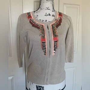 Chico’s Linen Tan Embroidered & Beaded Short Sleeve Sweater